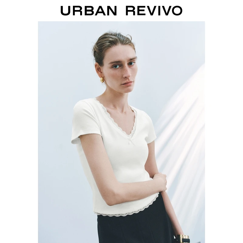 UR2025秋季新款女装气质拼接蕾丝V领修身短袖T恤UWG450167