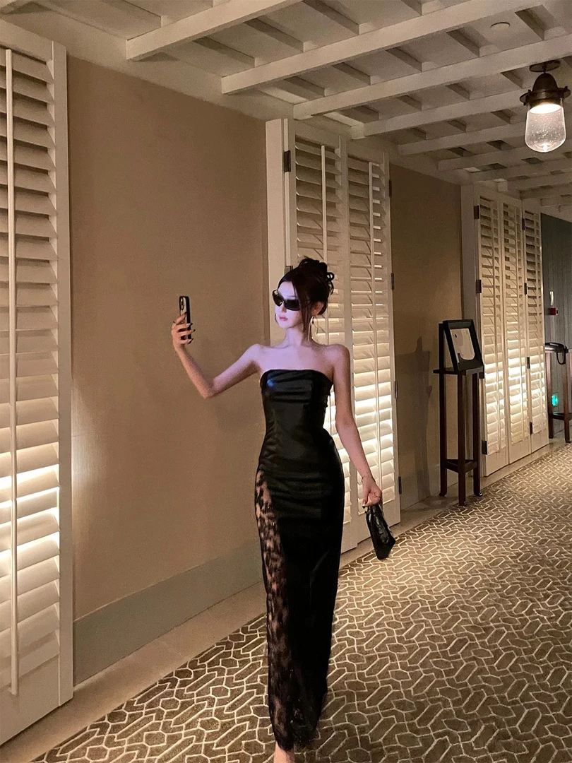 ChiclyNana  轻奢抹胸连衣裙一字肩PU皮重工蕾丝拼接中长款轻礼服