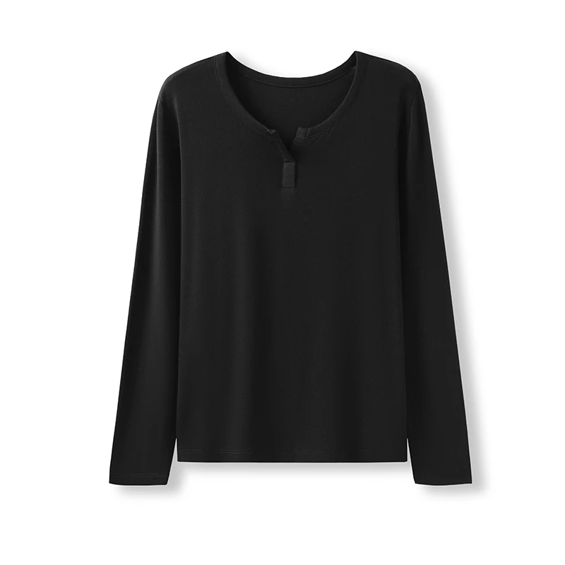 女士薄款纽扣春季长袖四季莱赛尔打底衫宽松T恤春秋