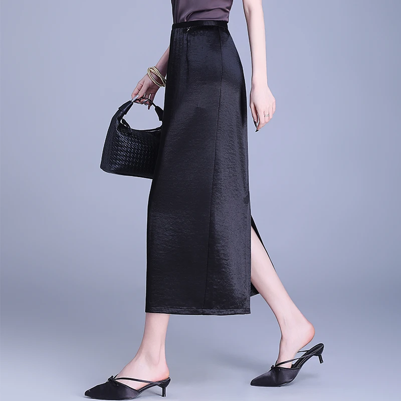 高级感醋酸缎面一步裙半身裙2025夏新款高腰显瘦中长款直筒包臀裙