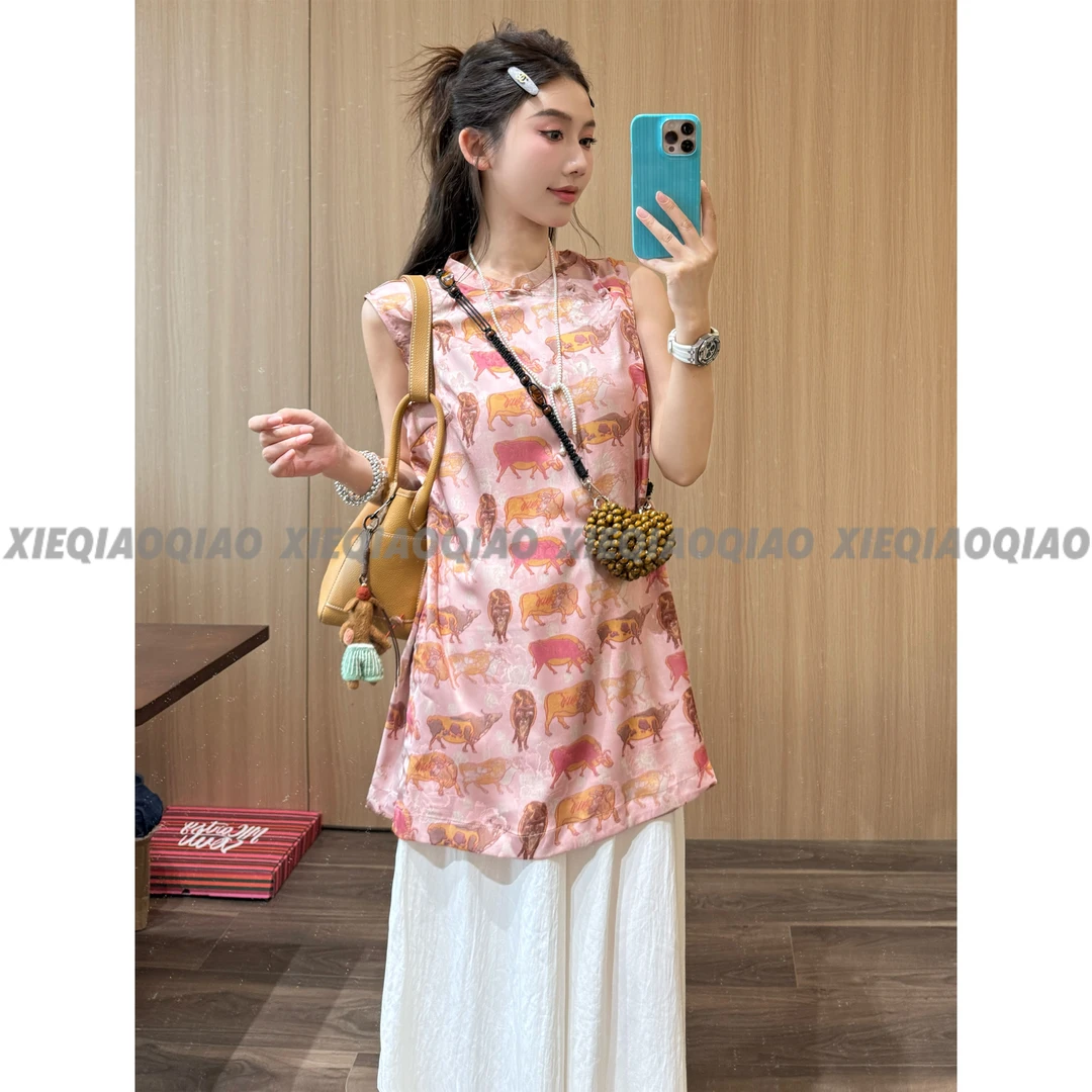 谢荞荞「福禄牛牛」夏凉感丝质感顺滑喜庆印花右衽新中式中国风马甲