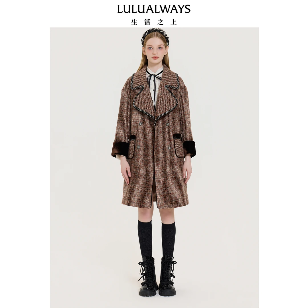 LULUALWAYS我爱露露25冬季新款宽松经典复古大翻领大衣毛呢女外套