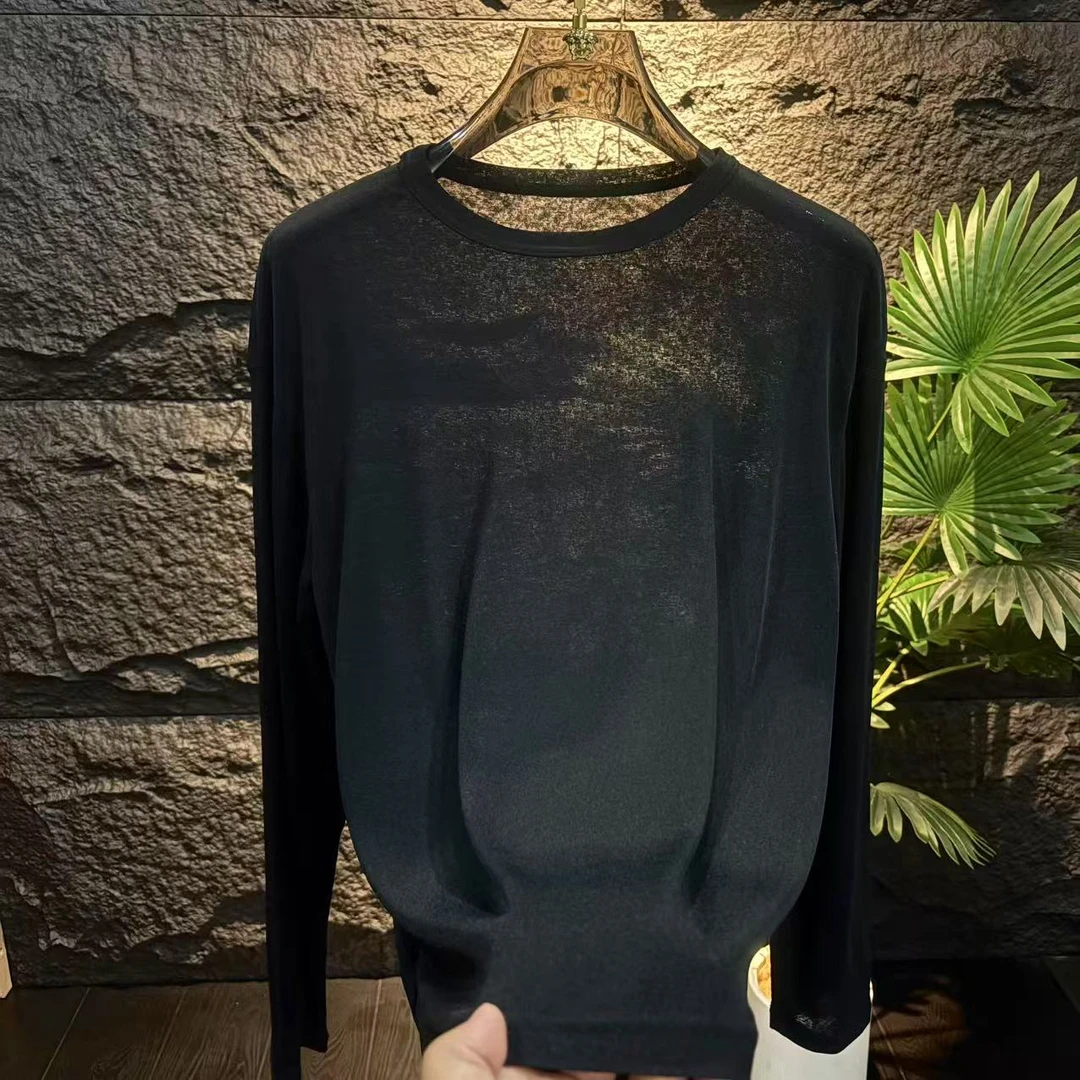 网红黑色百搭休闲时尚圆领长袖修身男士T恤上衣秋冬打底衫卫衣
