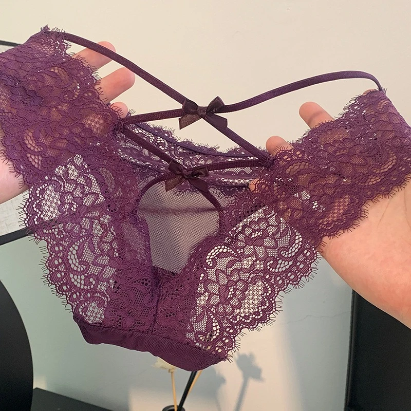 紫色绑带性感内裤女纯欲蕾丝法式网纱舒适火辣魅惑镂空女士三角裤