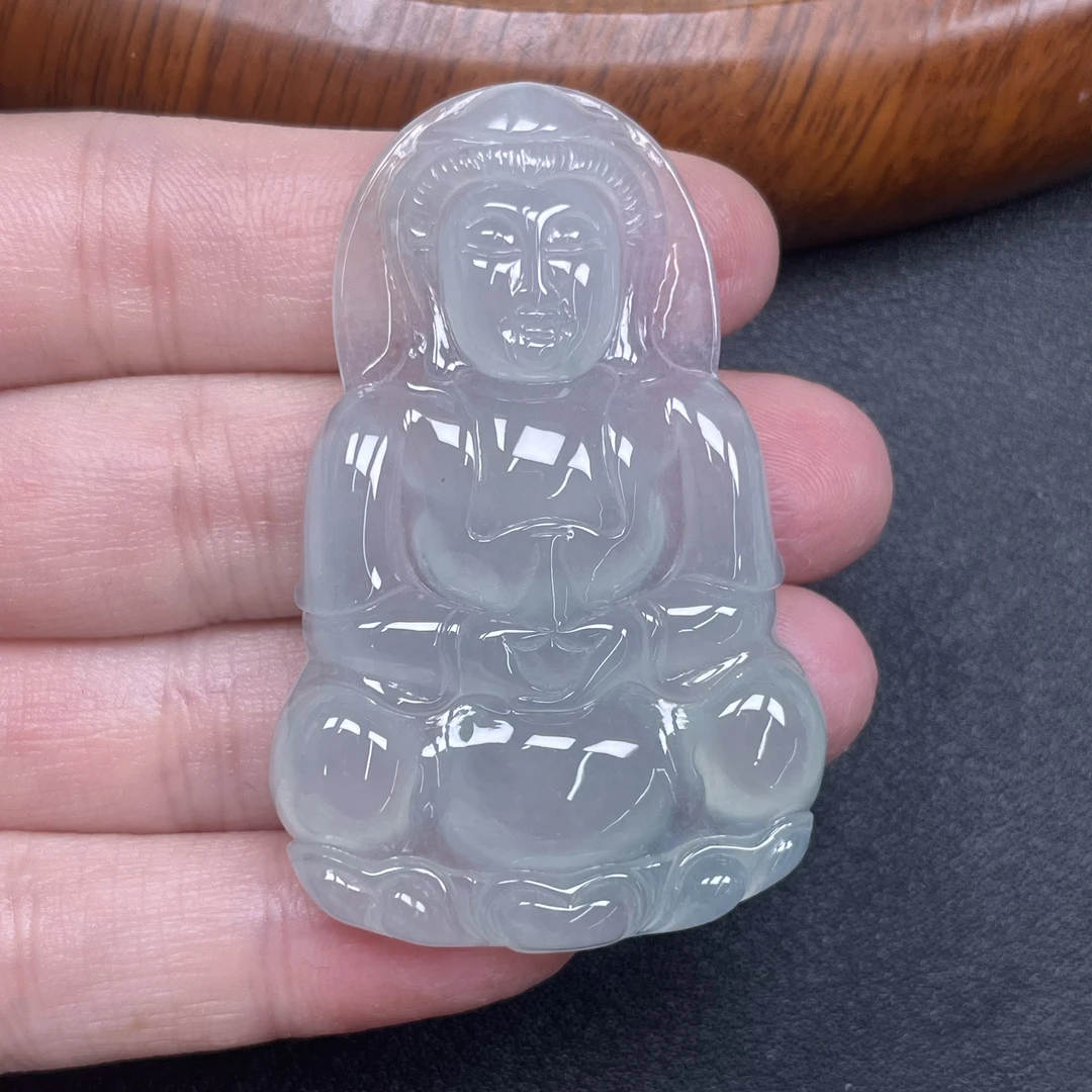 缅甸天然翡翠A货老种起胶精雕晴水底正装观音翡翠观音吊坠