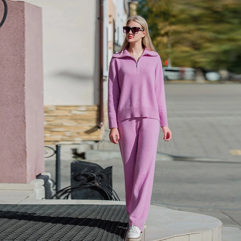 【宁宝】2025春秋新款100%纯山羊绒衫半拉链海军领裤子套装加厚保暖