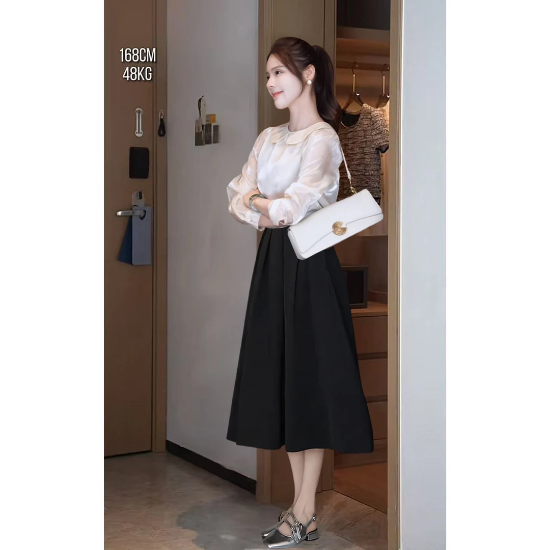 秋季温柔系穿搭女2025新款韩版富家千金百搭长袖衬衫半身裙两件套