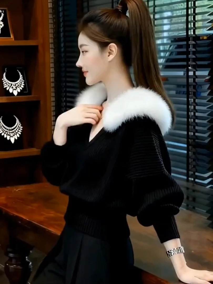 时尚慵懒风v领针织衫毛领2025新款秋冬高级感百搭毛衣上衣女装潮