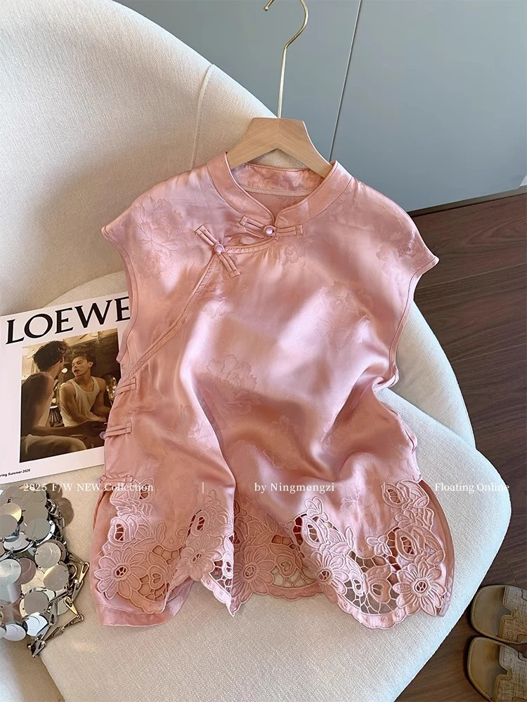 新中式提花刺绣蕾丝拼接镂空背心女2025夏季气质甜美减龄无袖上衣