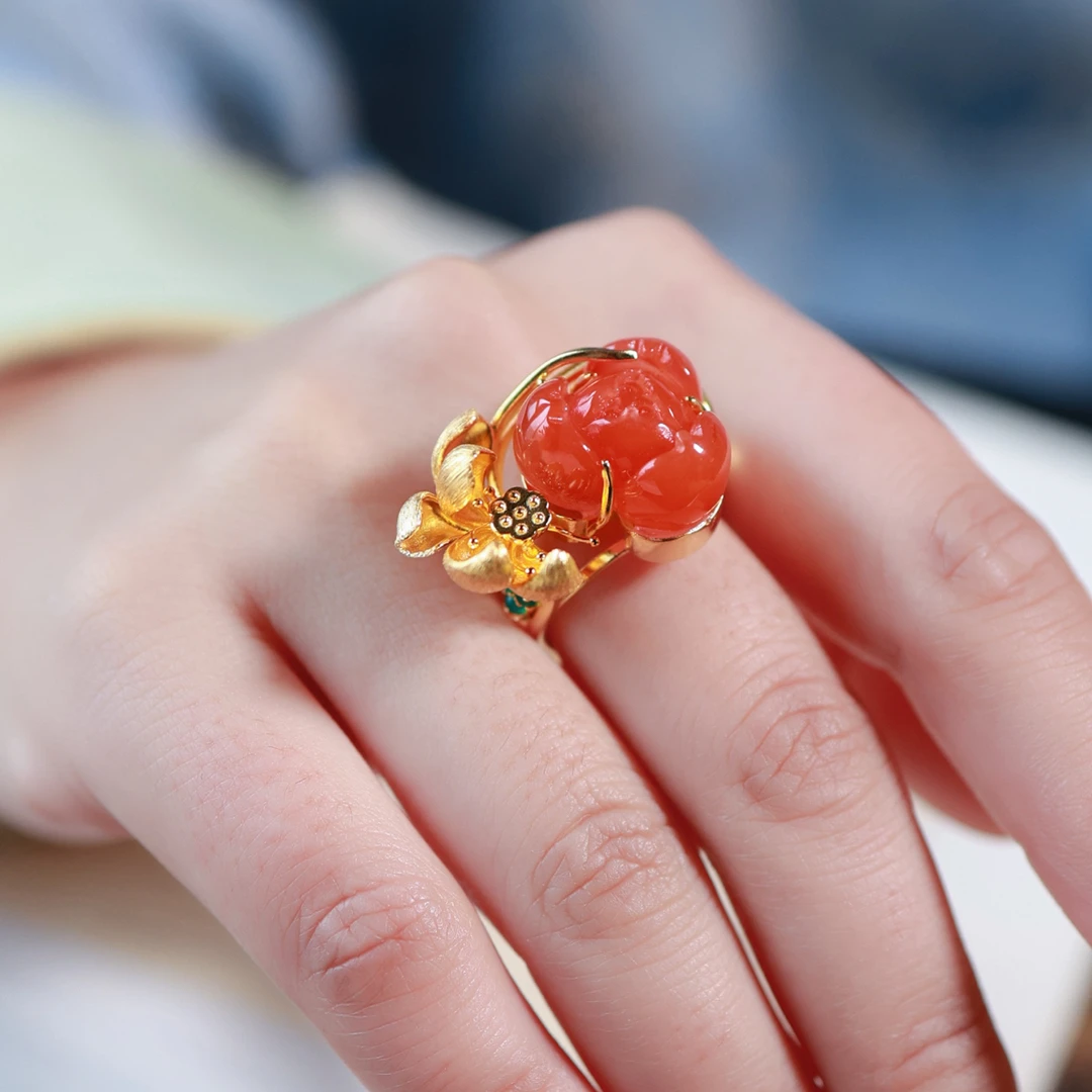 枫江·银镶嵌南红莲花戒指MTS