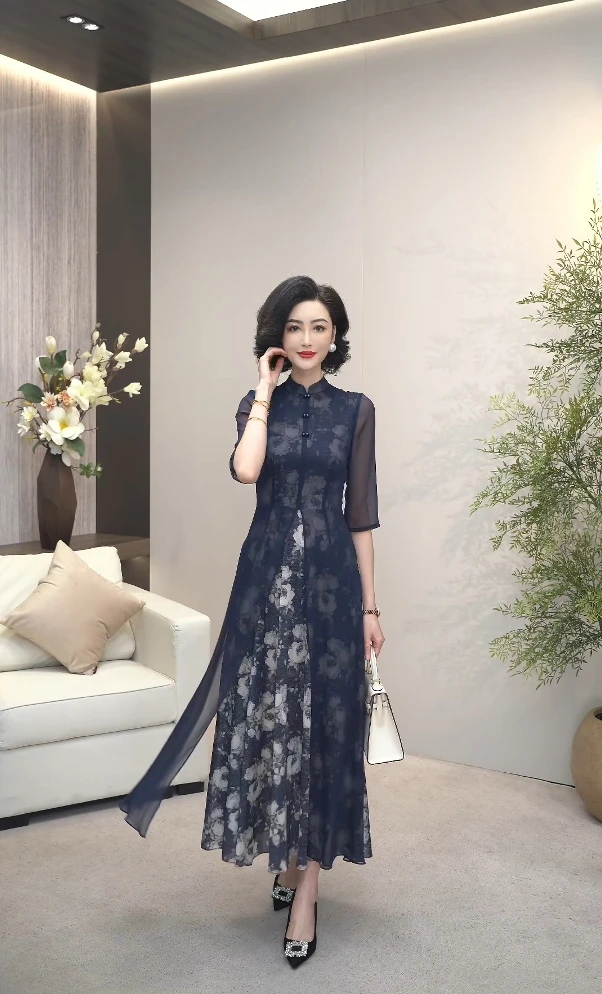 2025夏季（藏蓝为韵，花开暗香）高奢弹力织金墨染花开连衣裙WF3210