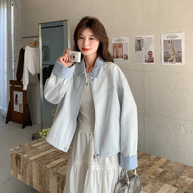 蓝色韩版小清新拼接设计款外套女2025春季新款宽松甜酷风休闲夹克