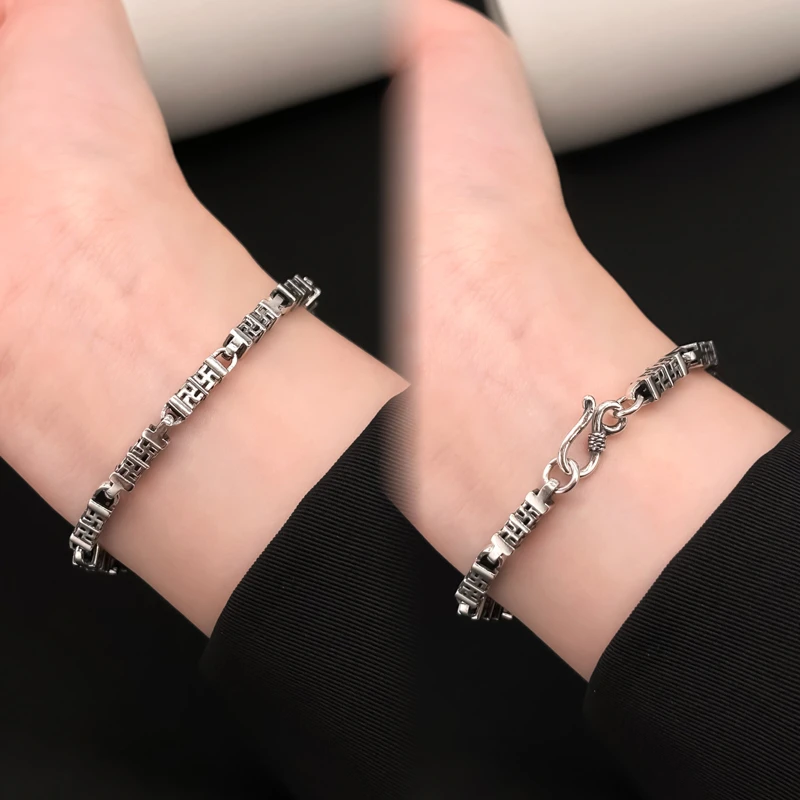 925银手链 男士复古霸气古巴镂空手环简约百搭气质高级感精致手饰