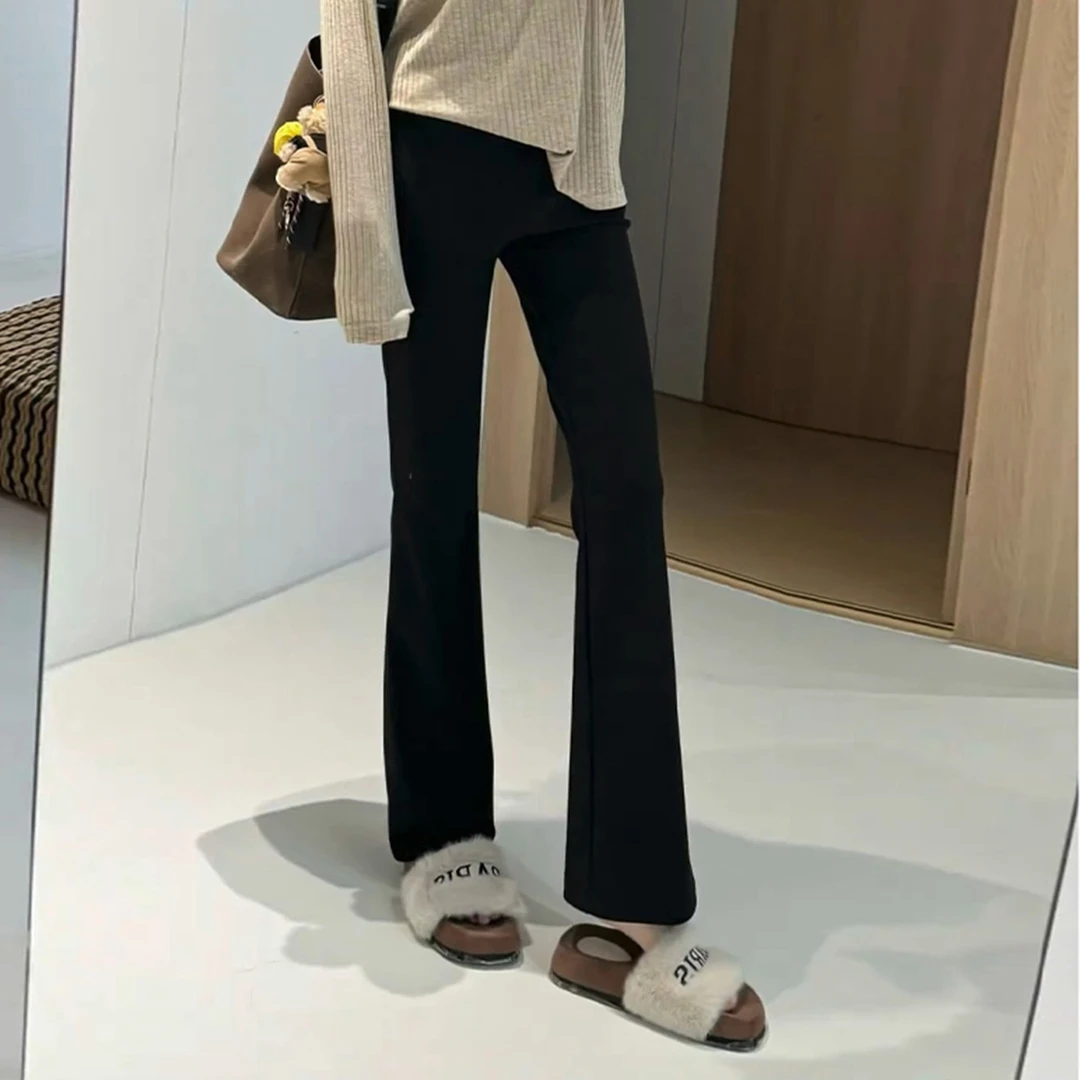 黑色窄版微喇休闲裤女秋冬季2025新款加绒高腰弹力修身显瘦马蹄裤