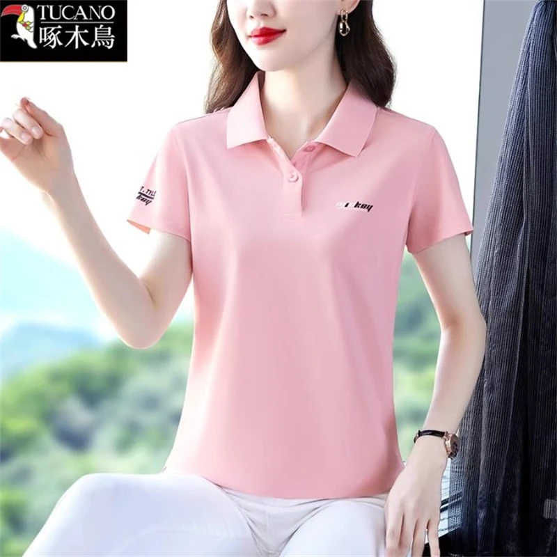 啄木鸟正品短袖纽扣POLO领T恤女2025年新款夏季修身显瘦印花上衣