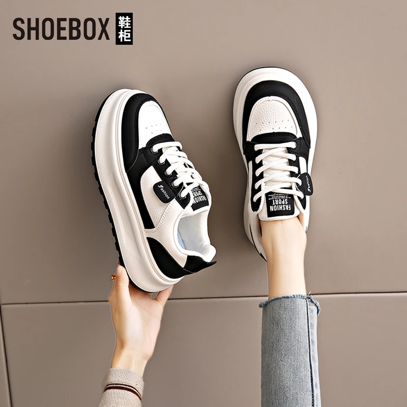 SHOEBOX鞋柜皮面板鞋女款2025春季新款爆款厚底百搭休闲运动鞋