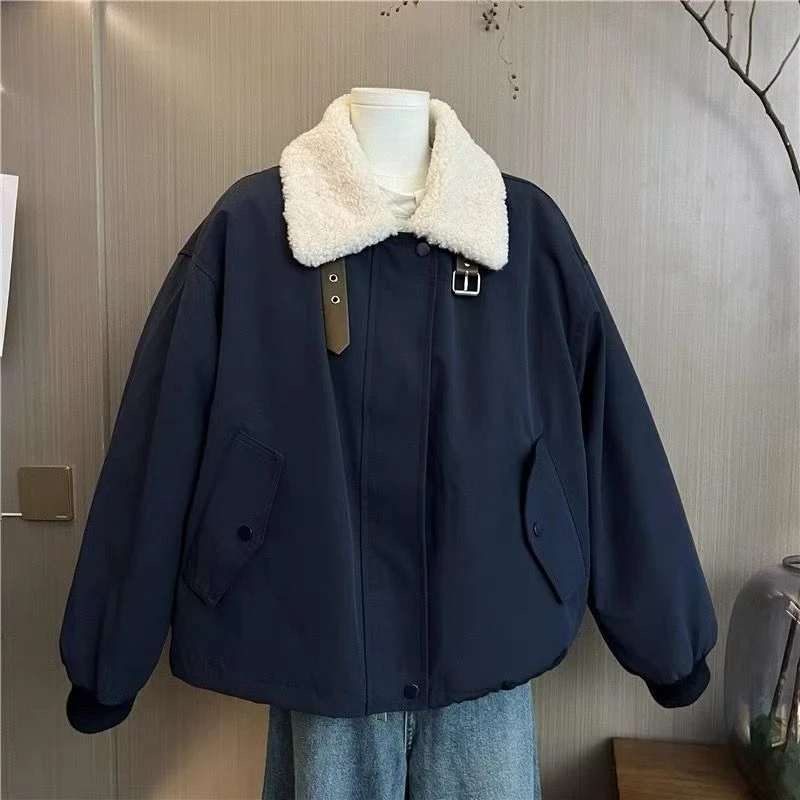 加绒加厚2025秋冬新款韩系立领拼接小个子外套慵懒风ins风棉服女