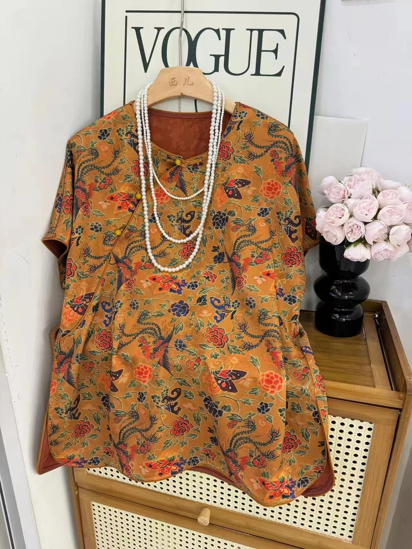 邹先森2955-29新中式气质优雅印花图案短袖上衣复古宽松