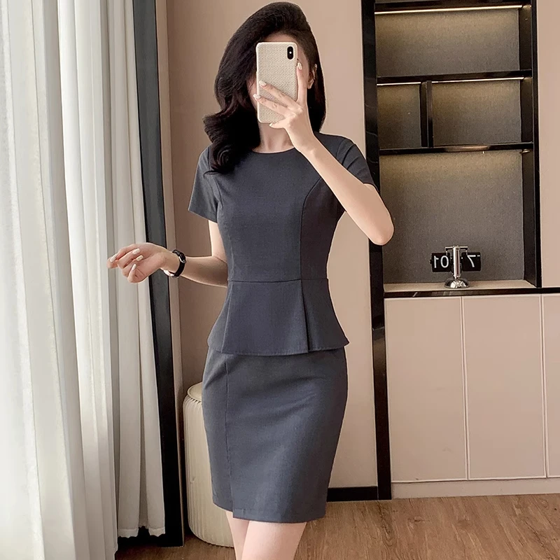 职业灰色短袖连衣裙女夏季修身气质工装裙子酒店前台珠宝店工作服