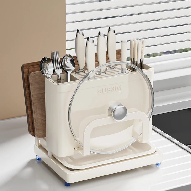 蒂华纳奶白色304不锈钢刀架筷子筒砧板板一体式免安装多功能沥水