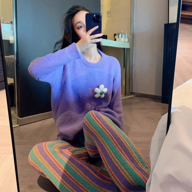 秋冬居家服女彩色条纹软绵绵半边绒可外穿睡衣加厚保暖珊瑚绒套装
