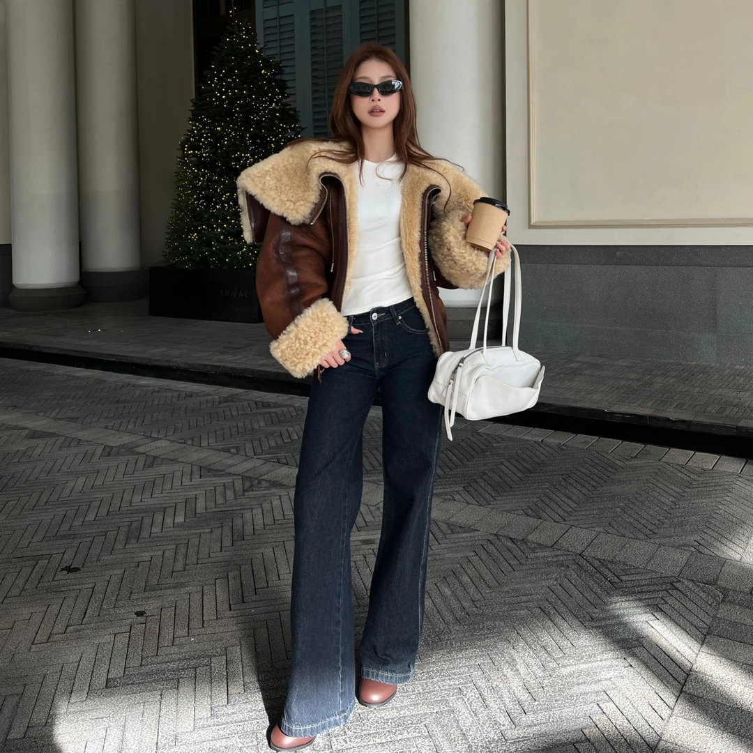 【弓ECHO】天使之翼冬新款大美真皮毛麦斯毛领洋气连帽慵懒复古外套