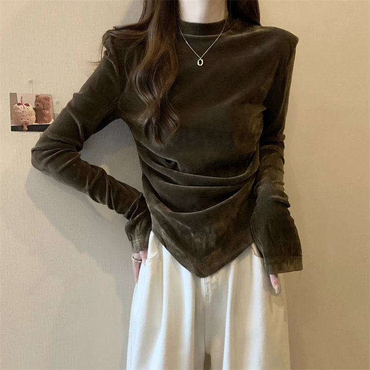大码金丝绒正肩长袖T恤女秋冬季胖mm显瘦半高领不规则打底衫上衣