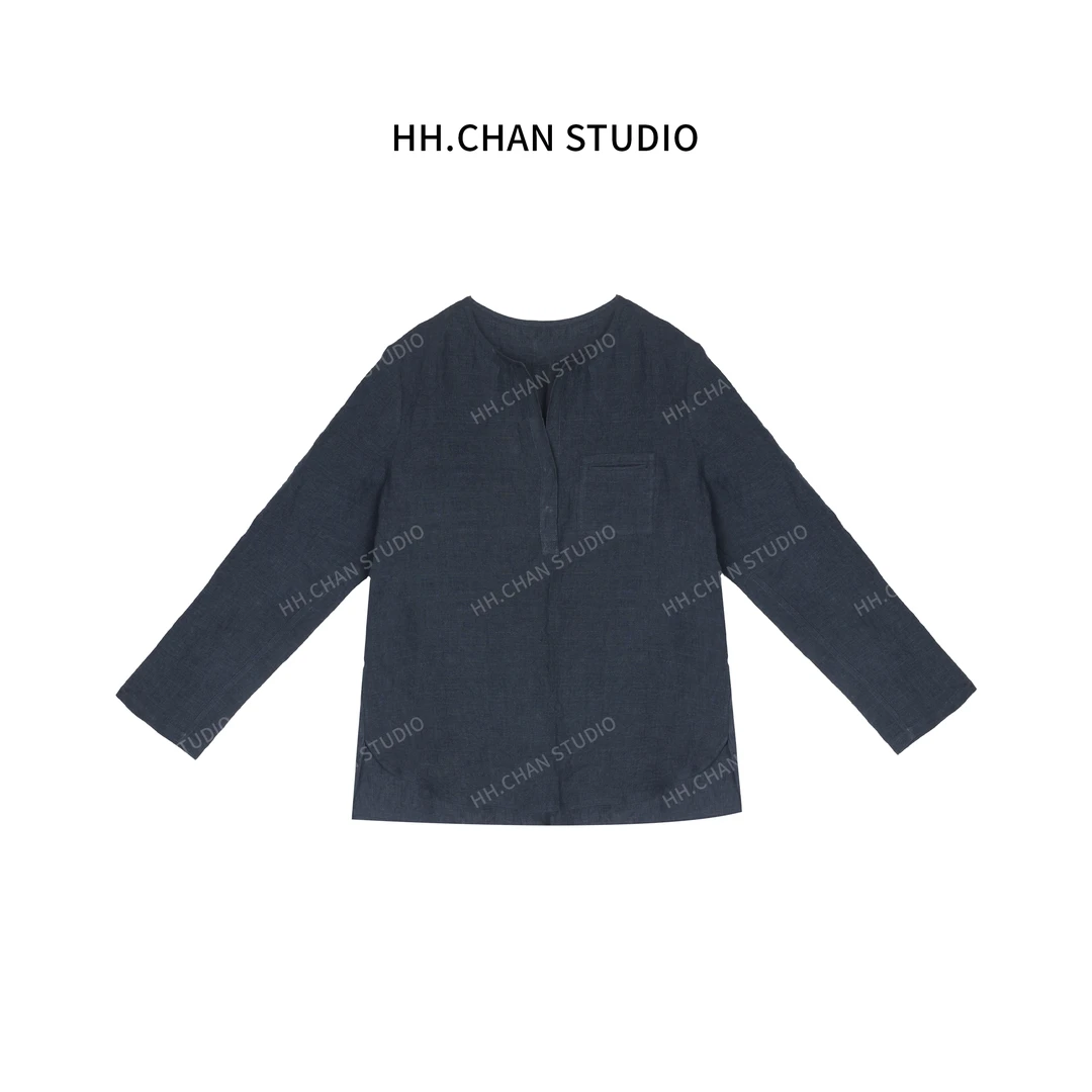 HH.CHAN“藏青老钱”100%高品质亚麻老钱风圆领带扣藏青上衣HH-7203