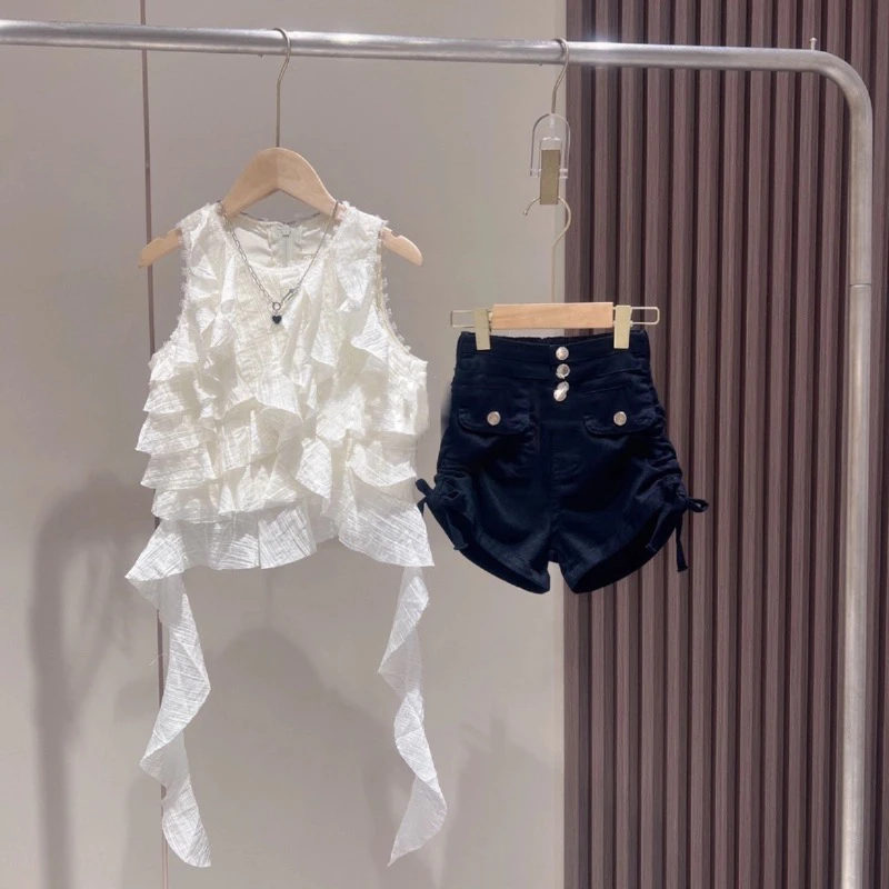 潮酷女童套装夏季韩版个性设计网红不规则流苏背心抽绳短裤两件套