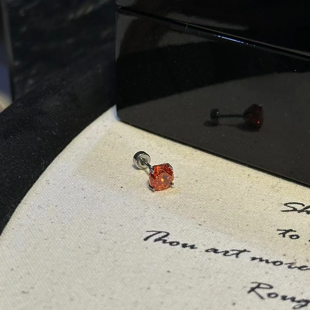 钛钢耳饰 微醺桔红色玫瑰切耳钉-3995