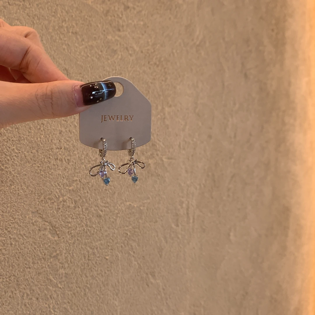 合金锆石耳饰 甜美彩锆蝴蝶结爱心吊坠耳环小众独特小众耳圈耳饰