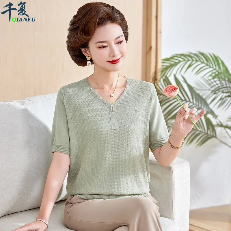 中老年女士短袖T恤洋气针织衫妈妈装薄款上衣服夏季宽松新款小衫