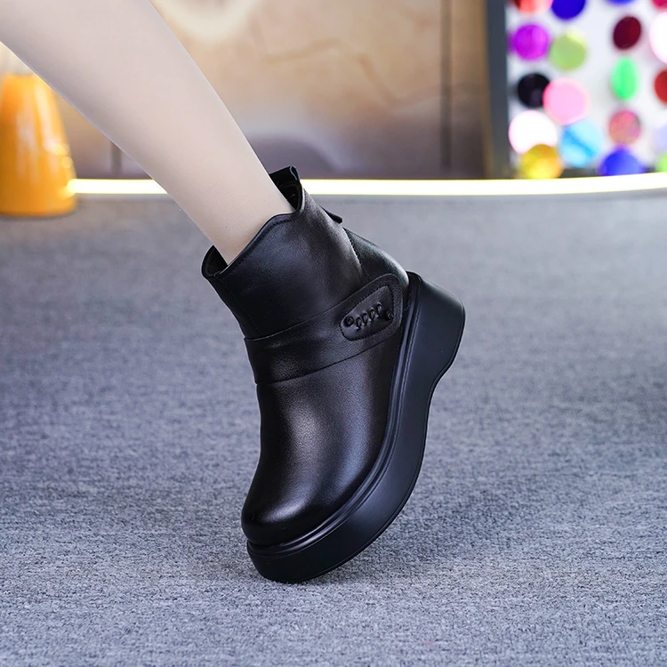 268真皮羊毛短靴女冬季新款头层牛皮加绒保暖棉靴厚底坡跟马丁靴