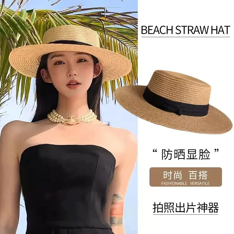 女士夏季海边度假巴拿马草编平顶遮阳防晒法式时尚平沿沙滩礼帽
