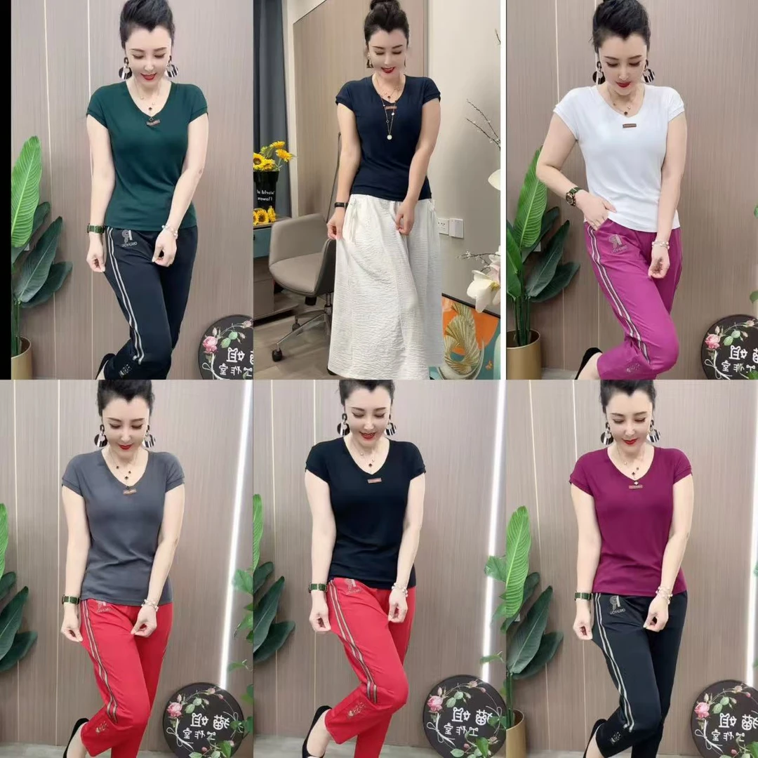 【312】爆款V领贴标休闲半袖上衣高考毕业季显瘦气质洋气洋气时尚