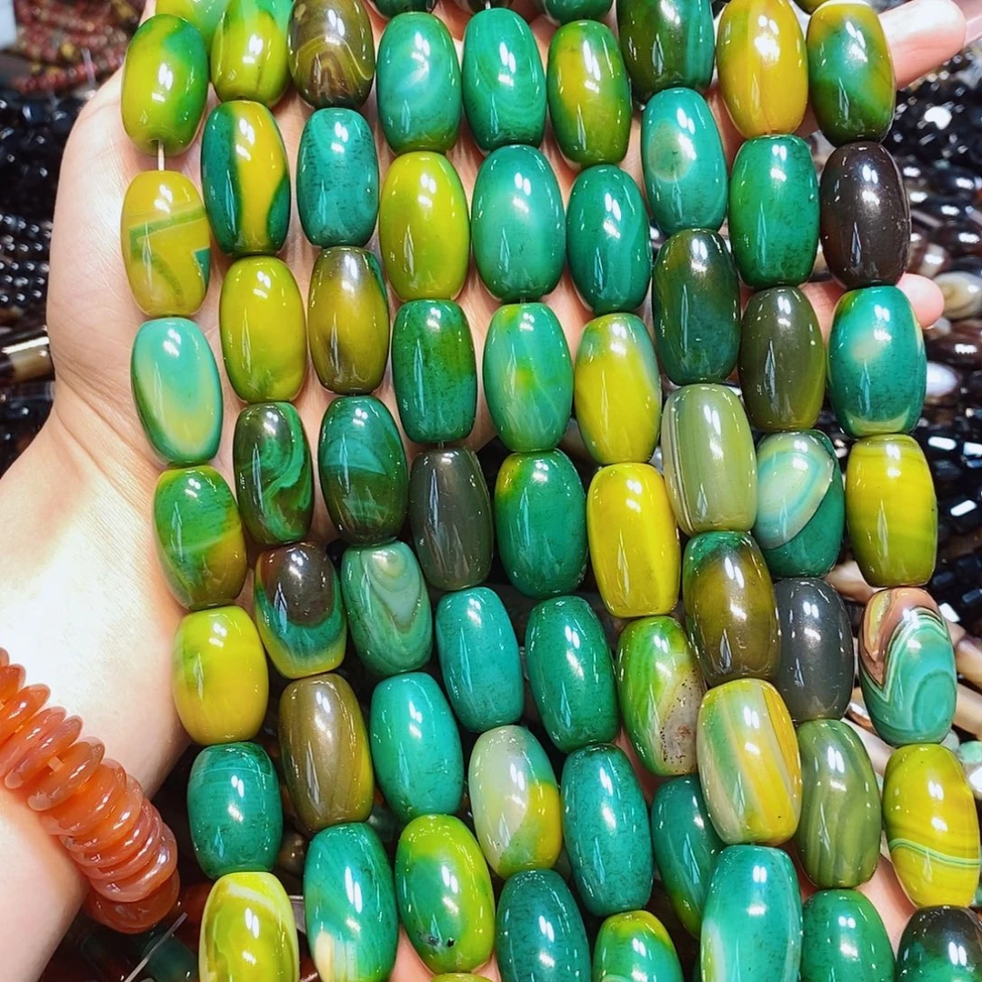 玛瑙/玉髓散珠天然黄绿玛瑙蛋形大孔一条15✖️25mm
