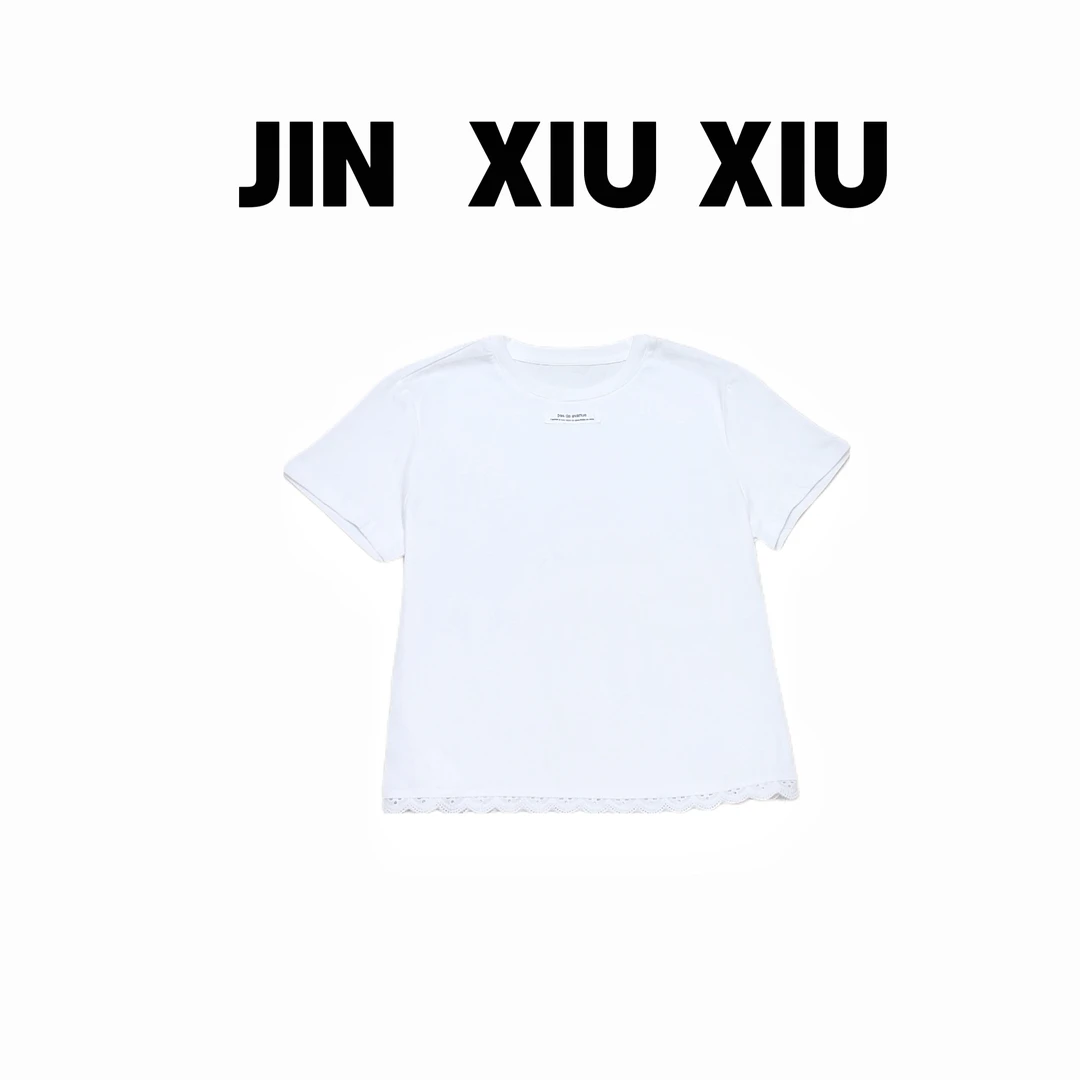 JINXIUXIU夏季新款蕾丝拼接百搭简约白色字母韩系甜美短袖T恤486