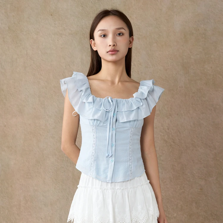 西町村屋甜美绑绳小衫女夏季新款荷叶边一字肩无袖上衣XAAB10347