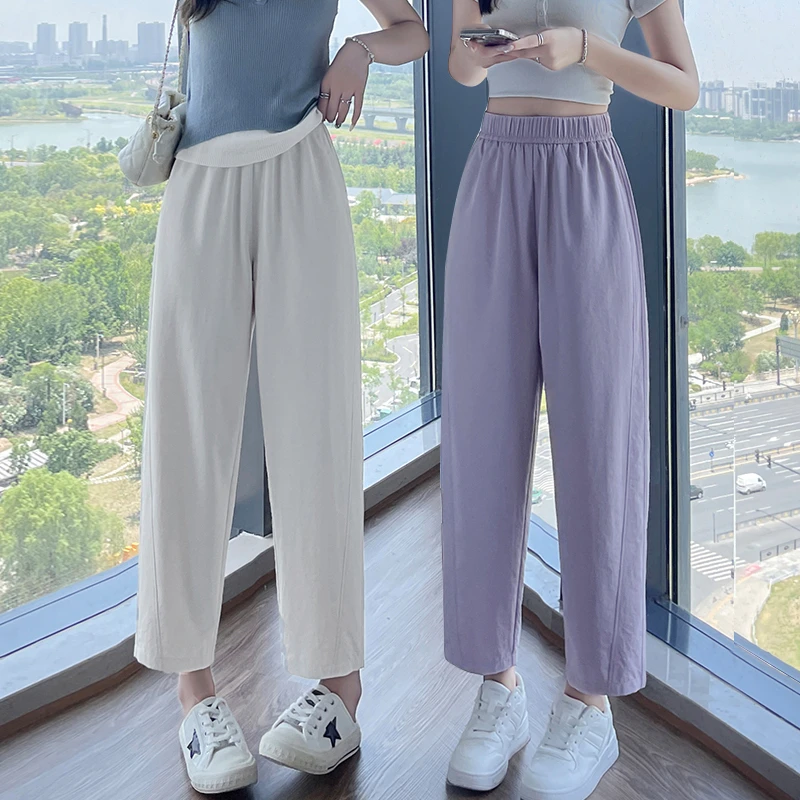 清凉冰丝哈伦裤夏季薄款小个子高腰休闲裤宽松烟管裤八分九分裤