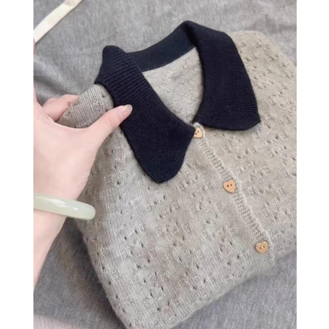 慵懒气质小香风撞色娃娃领长袖针织开衫春秋百搭时尚洋气毛衣外套