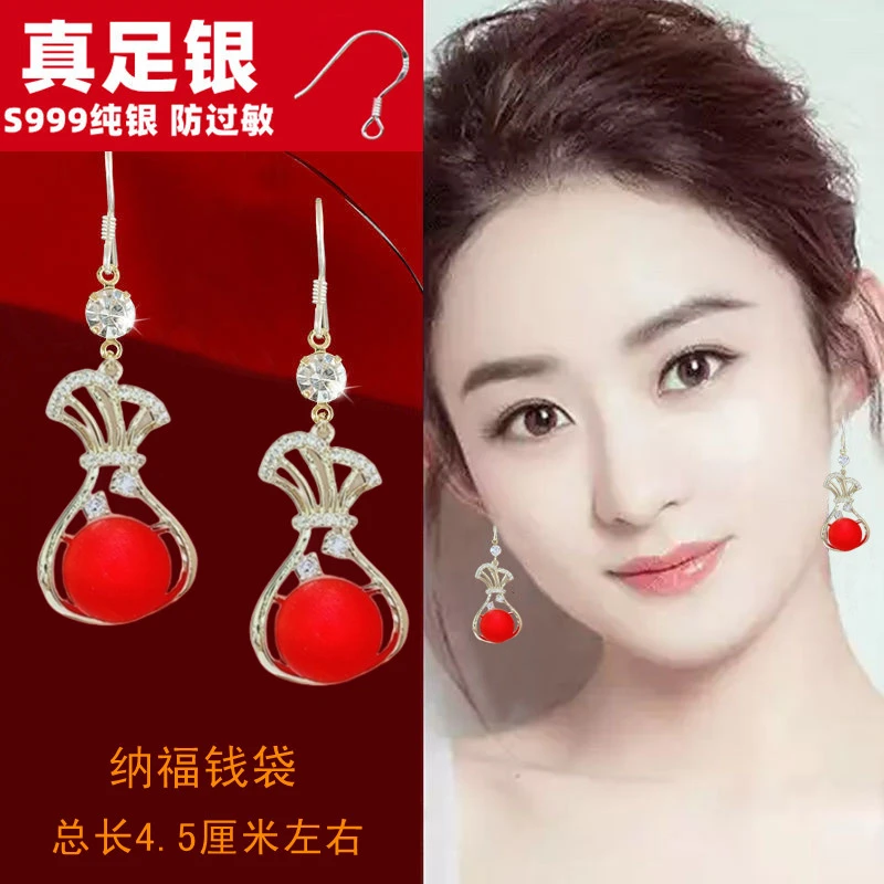 合金树脂耳饰 高级红色福袋耳环气质999纯银耳饰过年喜庆百搭耳坠