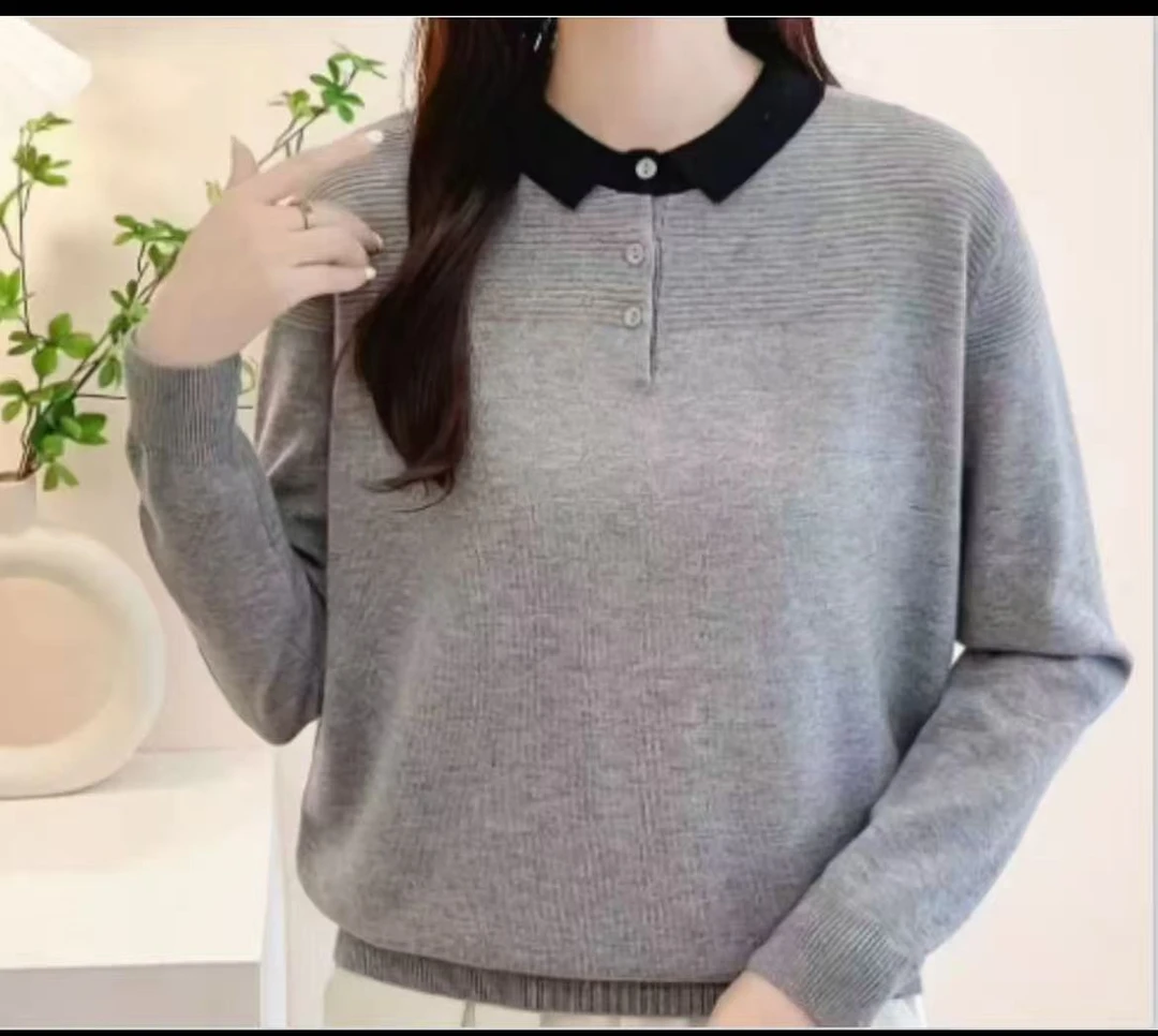 【方领三粒扣polo领毛衣】2025年新款翻领针织衫长袖上衣女打底衫