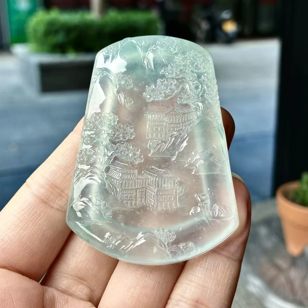 天然a货缅甸翡翠自然光尺寸64.5/43.5/6，玻璃种晴底山水牌吊坠