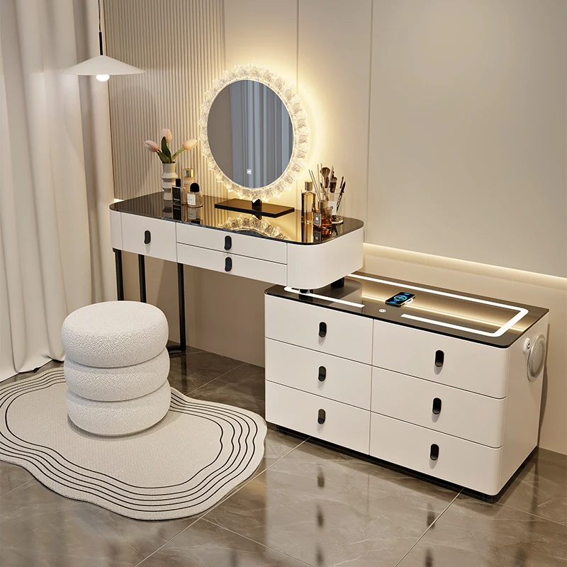 新款实木智能梳妆台现代简约奶油风转角化妆桌斗柜一体2025新款桌