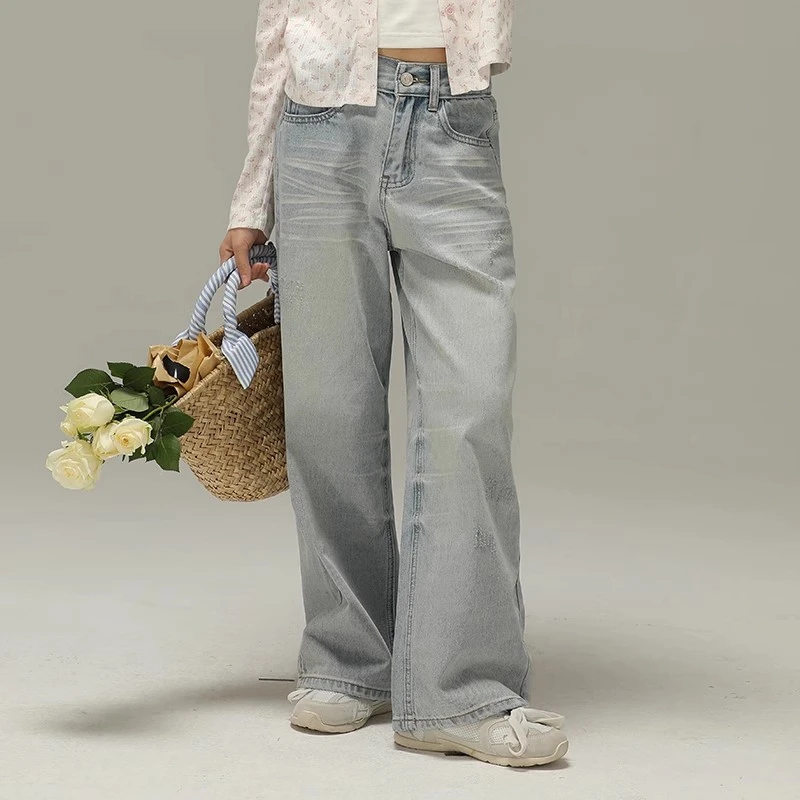 小女森女童春夏牛仔裤水洗浅色宽松裤子中大童柔软休闲破洞长裤潮