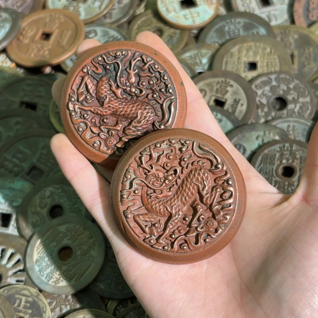 铜2枚麒麟紫红铜手工翻砂