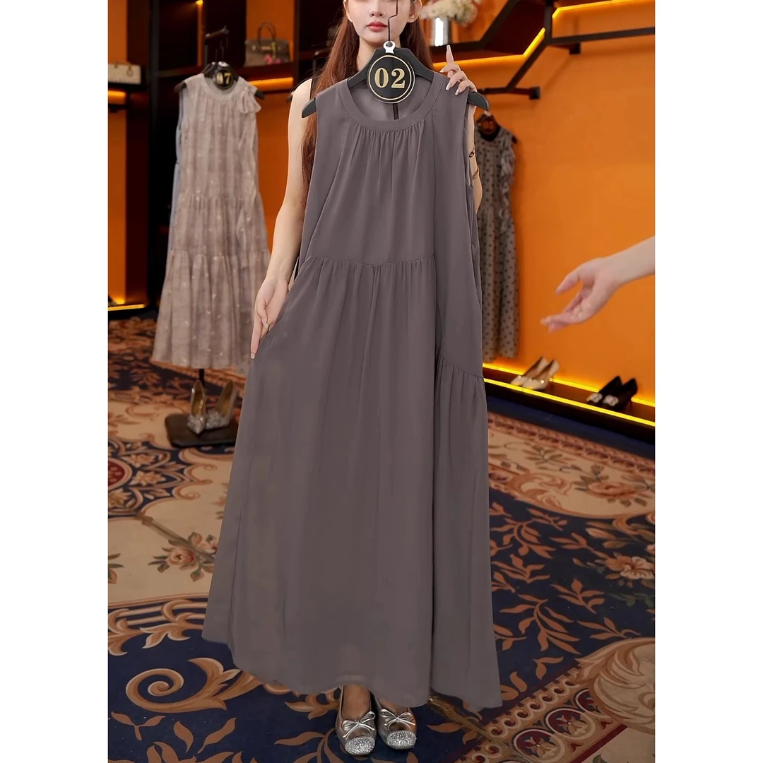 夏季新款时尚显瘦韩版无袖长裙宽松复古气质休闲露肩中长款连衣裙