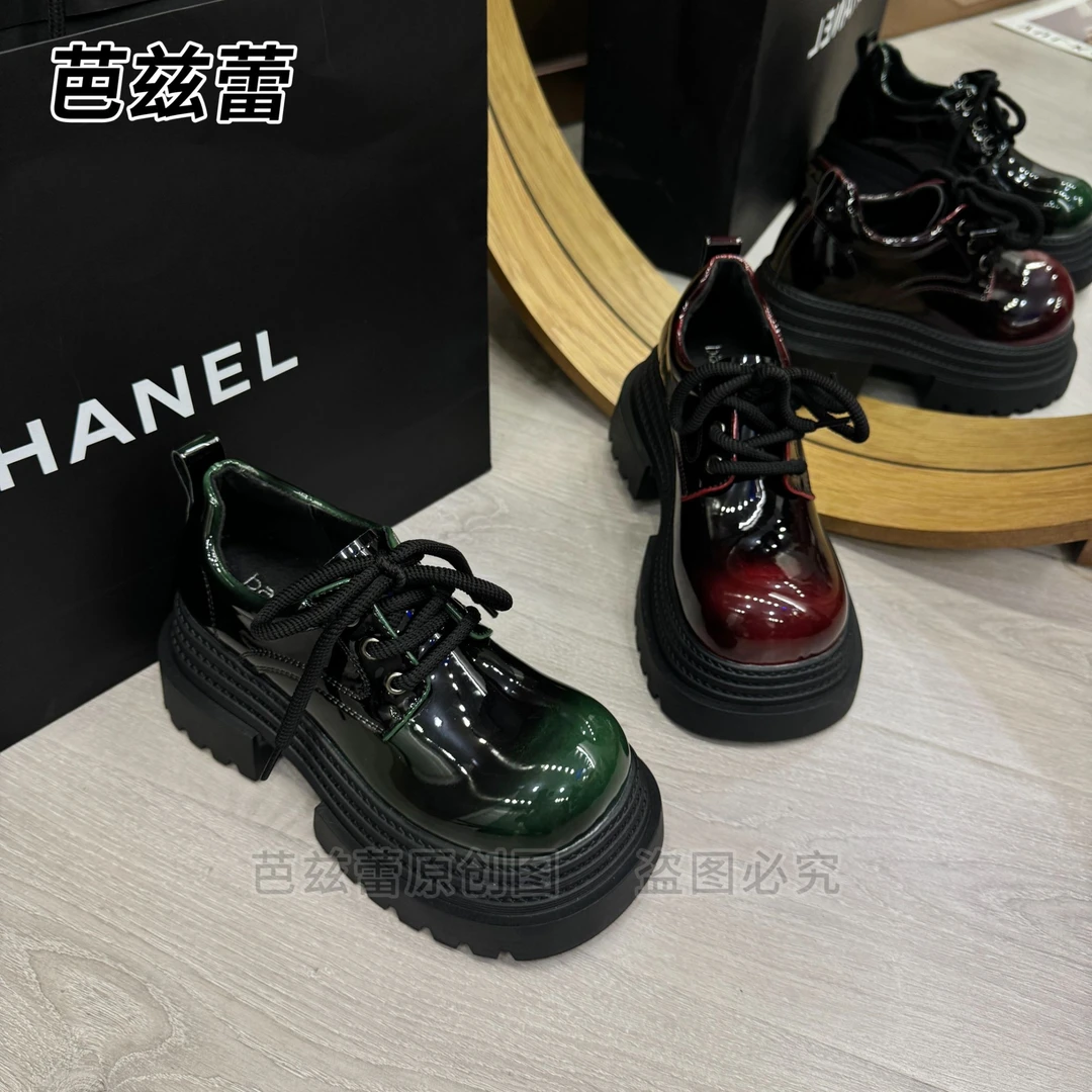 2025春季新款漆皮渐变厚底小皮鞋女时尚百搭乐福鞋