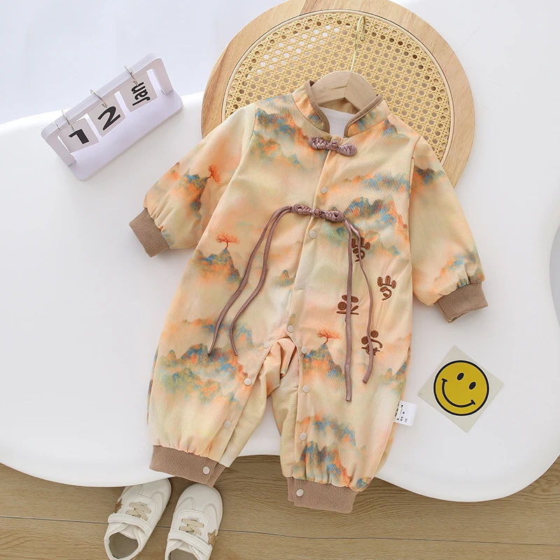 新生婴儿春季双层连体衣外出服男女宝宝中国风爬服