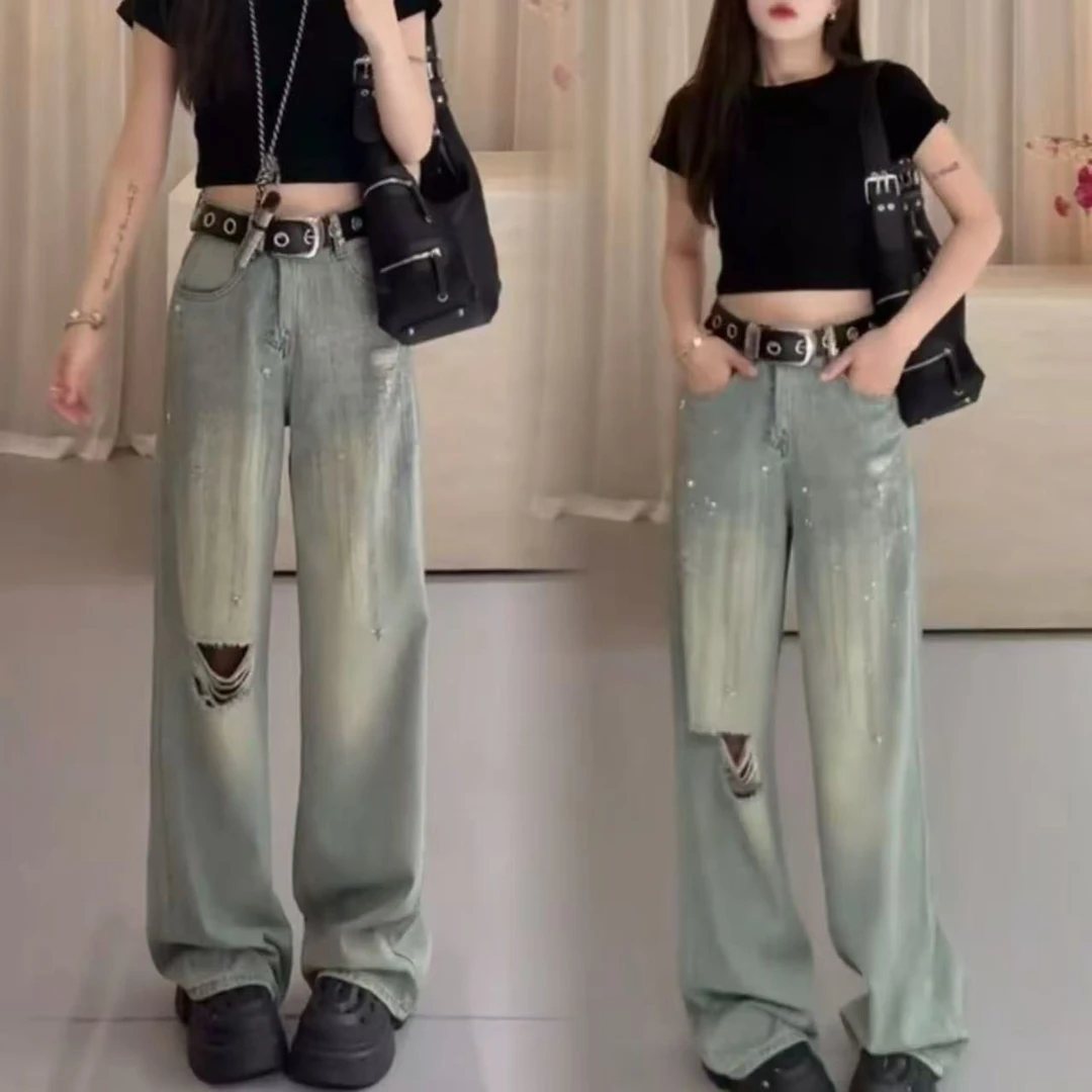 90077-夏季薄料烫钻破洞牛仔拖地裤